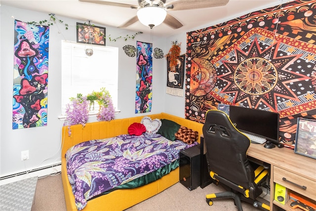 carpeted bedroom with a baseboard radiator and ceiling fan