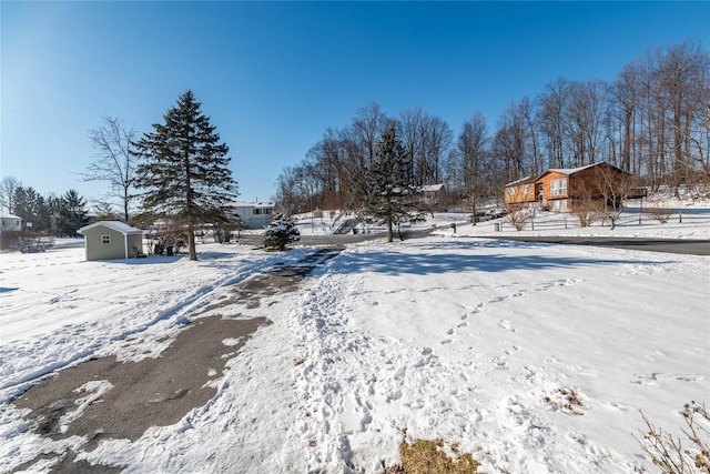 snowy yard with a storage unit