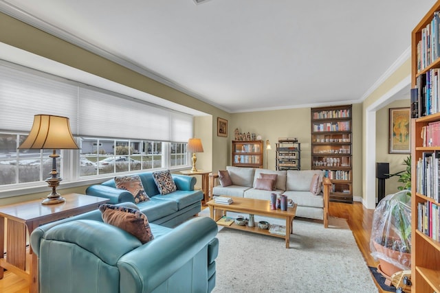 living room with light hardwood / wood-style flooring and ornamental molding