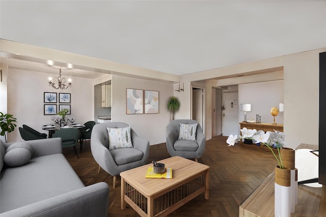 living room featuring dark parquet flooring and a chandelier