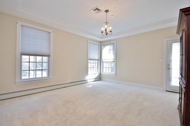 unfurnished room featuring light carpet, a baseboard radiator, visible vents, and a wealth of natural light