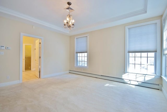 unfurnished room featuring visible vents, a chandelier, light colored carpet, a tray ceiling, and a baseboard heating unit