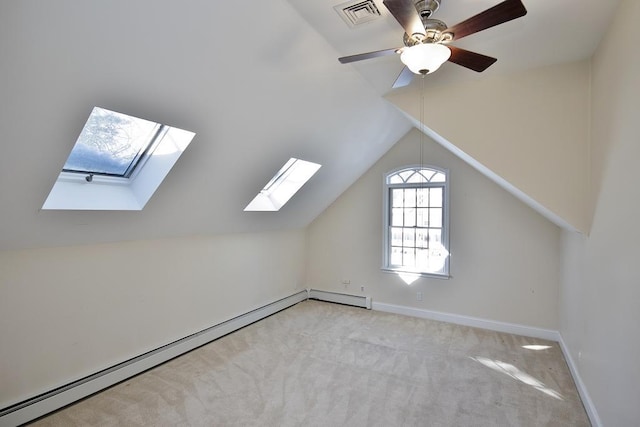 additional living space featuring light colored carpet, visible vents, baseboards, baseboard heating, and lofted ceiling with skylight