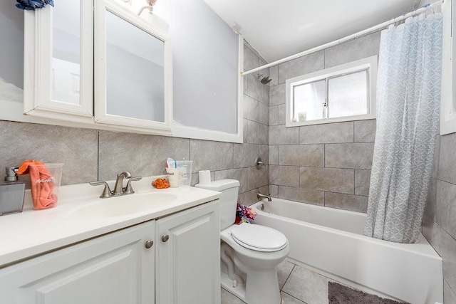 full bathroom with tasteful backsplash, vanity, toilet, shower / bathtub combination with curtain, and tile patterned floors