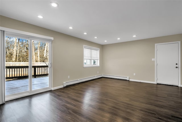 unfurnished room featuring dark hardwood / wood-style floors and baseboard heating