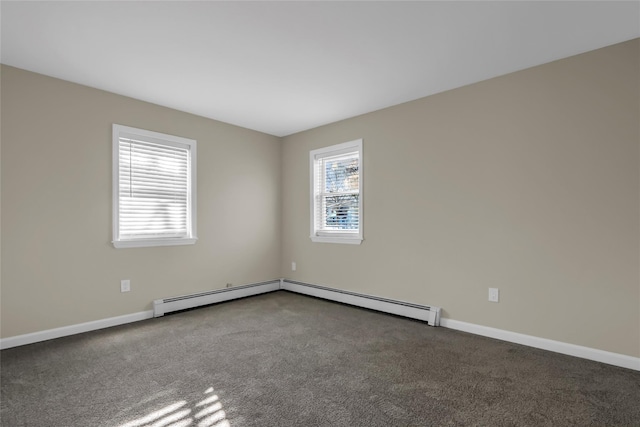 carpeted spare room featuring a baseboard radiator