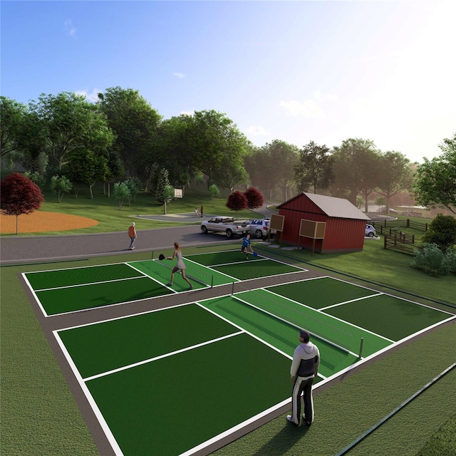 view of tennis court featuring basketball court and a yard