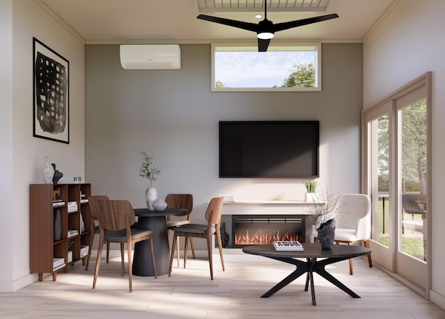 interior space with a healthy amount of sunlight, ornamental molding, a wall mounted AC, and light hardwood / wood-style floors