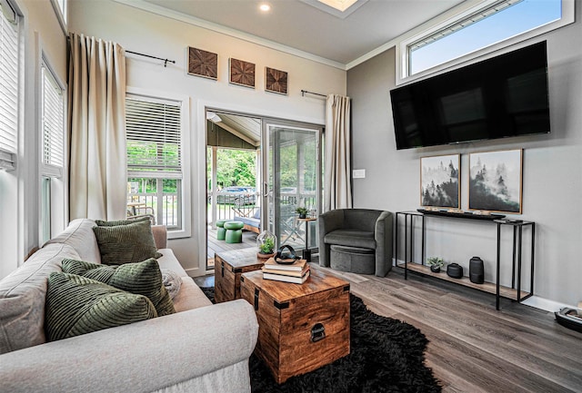 197 Wheeler Rd, Florida, NY 10921 - living room featuring crown molding, wood finished floors, plenty of natural light, and recessed lighting