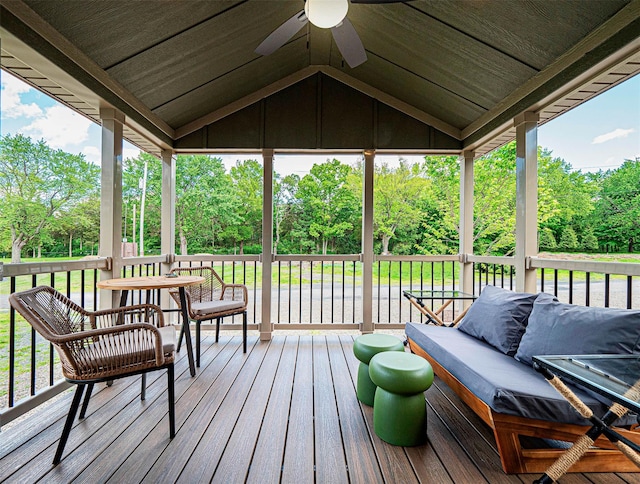 197 Wheeler Rd, Florida, NY 10921 - wooden deck featuring a ceiling fan and view of wooded area
