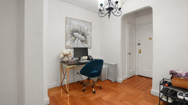 office space with a notable chandelier, crown molding, and light parquet floors