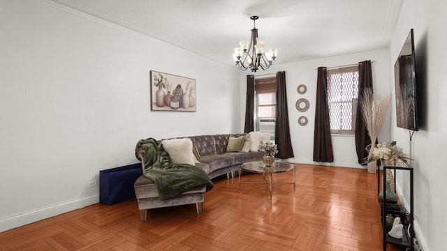 living room featuring crown molding, parquet floors, and a notable chandelier