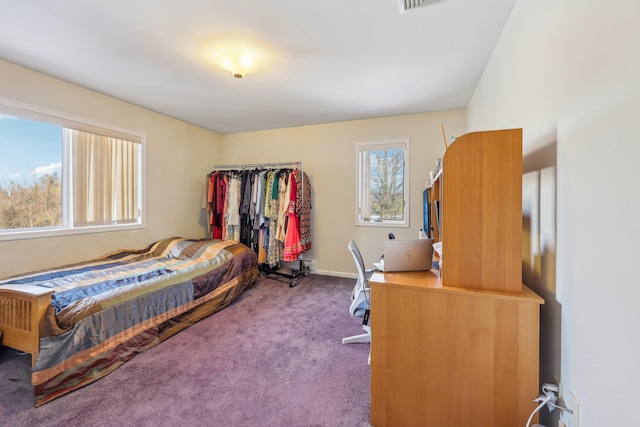 carpeted bedroom featuring multiple windows