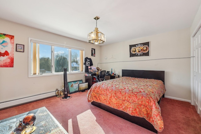 bedroom featuring carpet floors and an inviting chandelier