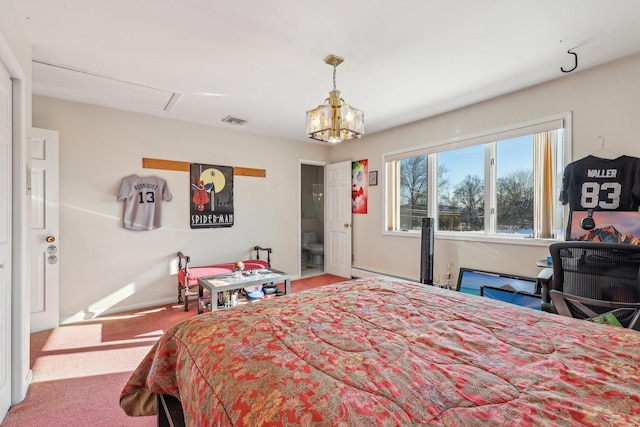 carpeted bedroom with a chandelier, baseboard heating, and ensuite bath