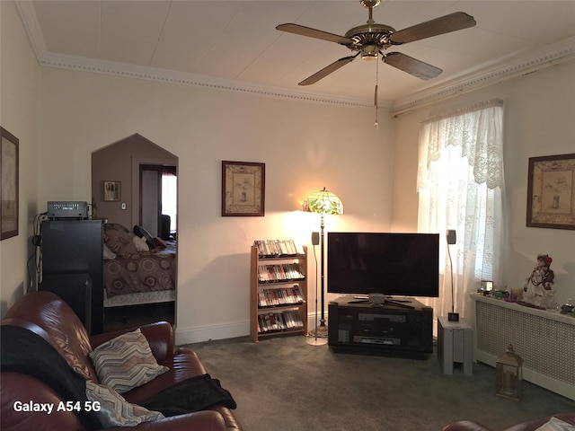 living room featuring ceiling fan, radiator, and carpet floors