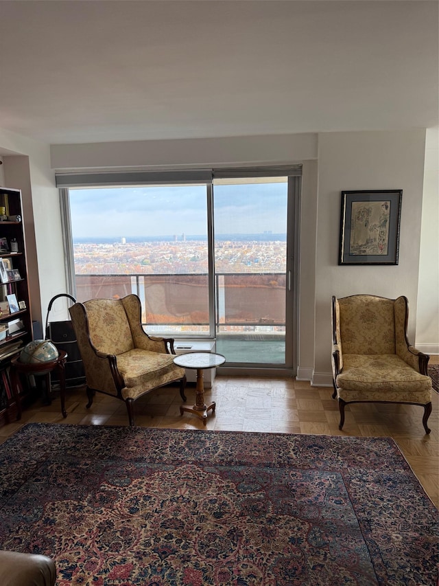 living room featuring a healthy amount of sunlight and light parquet floors