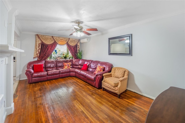 living room with dark hardwood / wood-style flooring, crown molding, and ceiling fan