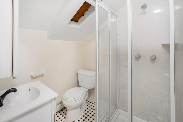 bathroom featuring vanity, a baseboard heating unit, a shower with shower door, and toilet