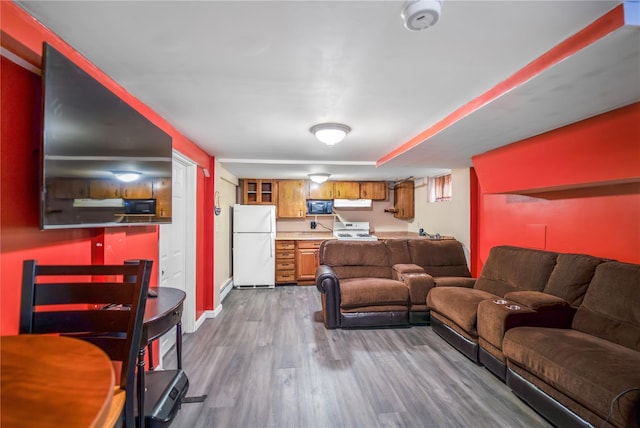 living room with dark hardwood / wood-style flooring