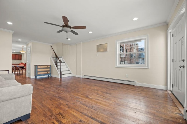 unfurnished living room featuring crown molding, dark hardwood / wood-style floors, ceiling fan, and baseboard heating