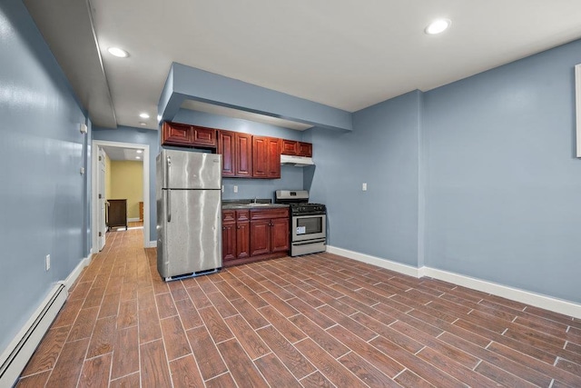 kitchen with stainless steel appliances, dark hardwood / wood-style flooring, sink, and baseboard heating