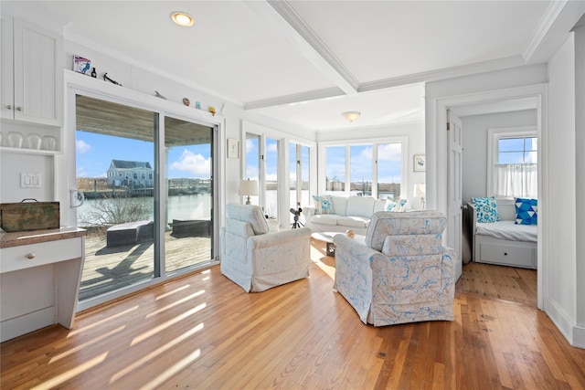 living room featuring beam ceiling, crown molding, light hardwood / wood-style floors, and a water view