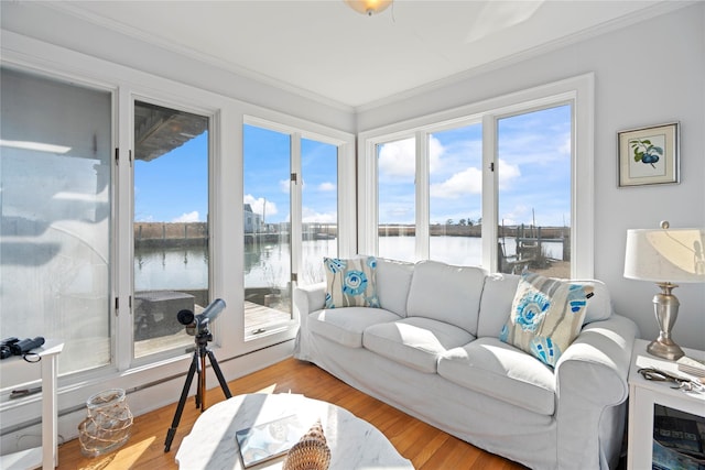 living room with ornamental molding, a water view, and hardwood / wood-style floors