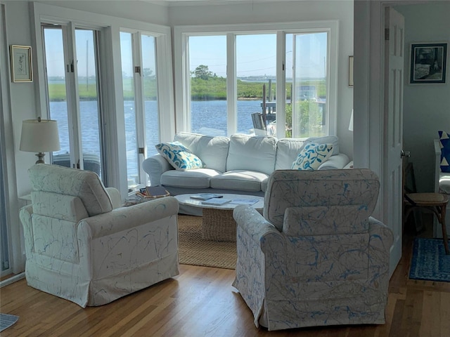 living room with a water view and light hardwood / wood-style flooring