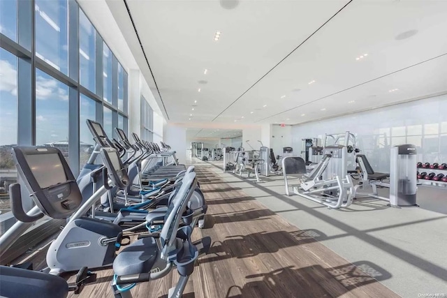 workout area with a wall of windows