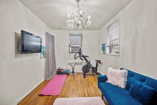 workout room with radiator, a wealth of natural light, and wood-type flooring