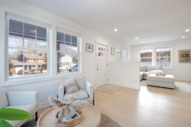 sitting room with plenty of natural light and light hardwood / wood-style floors