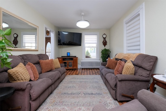 living room featuring radiator and hardwood / wood-style floors