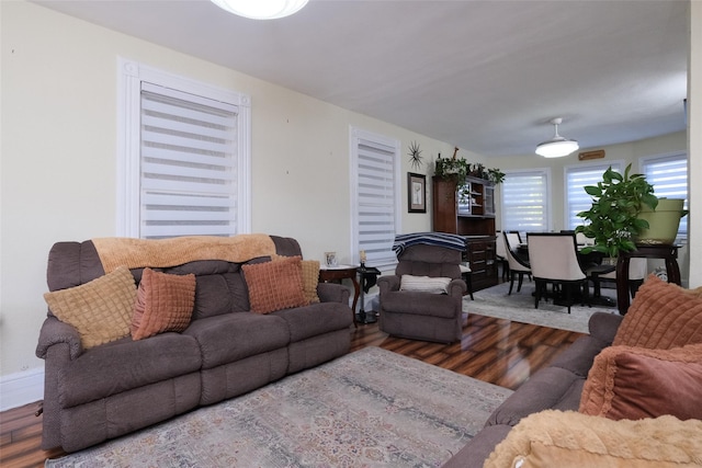 living room with dark hardwood / wood-style floors