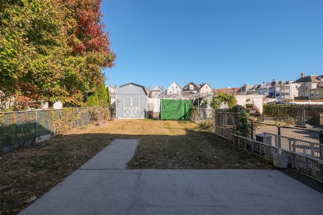 view of yard featuring a storage unit