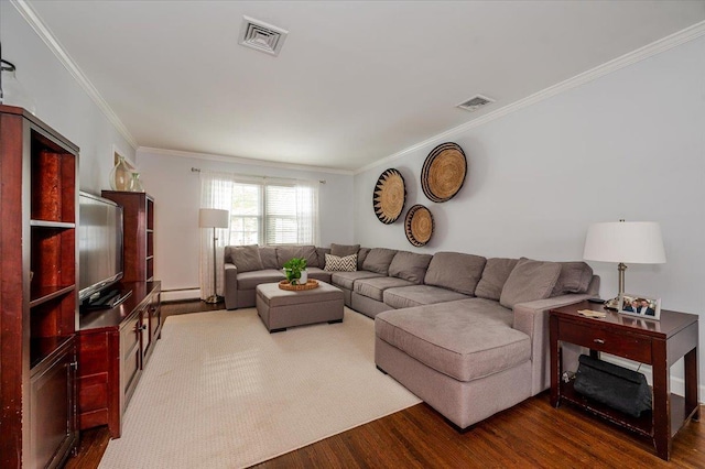 living room featuring ornamental molding, dark hardwood / wood-style floors, and baseboard heating