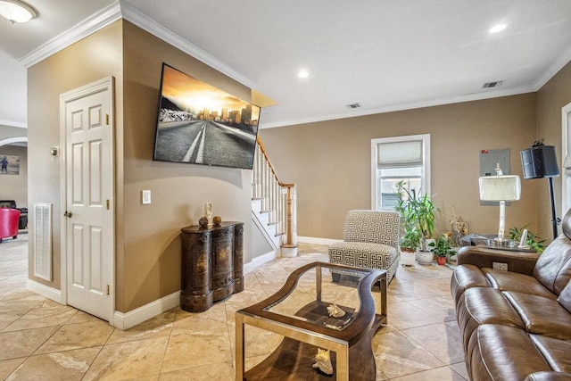 living room with crown molding