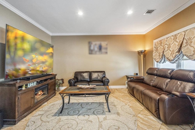 living room with crown molding, recessed lighting, baseboards, and visible vents