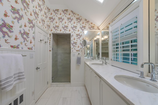 bathroom featuring lofted ceiling, vanity, ornamental molding, an enclosed shower, and an inviting chandelier