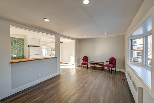 living area featuring crown molding, dark hardwood / wood-style flooring, radiator, and a wealth of natural light