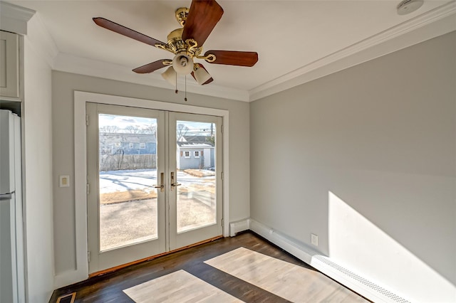 doorway with crown molding, dark wood-type flooring, ceiling fan, baseboard heating, and french doors