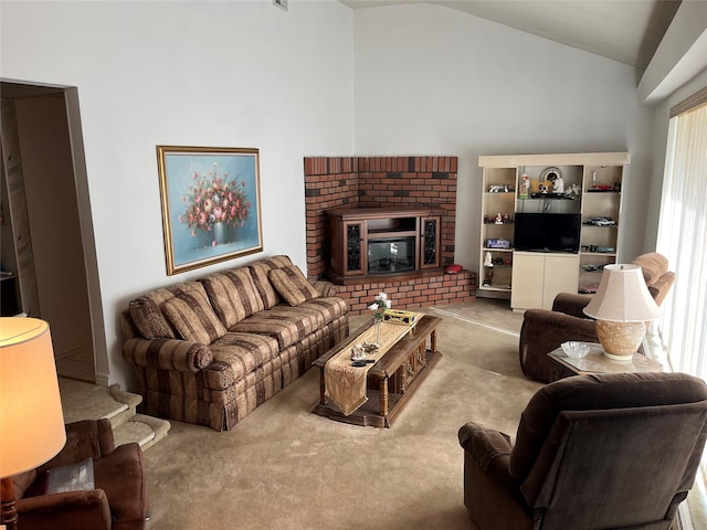 living room featuring lofted ceiling, a brick fireplace, and light carpet