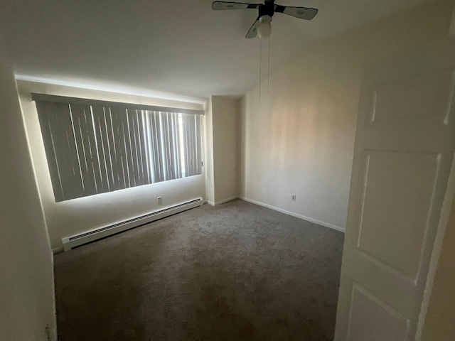 carpeted empty room featuring ceiling fan and a baseboard radiator