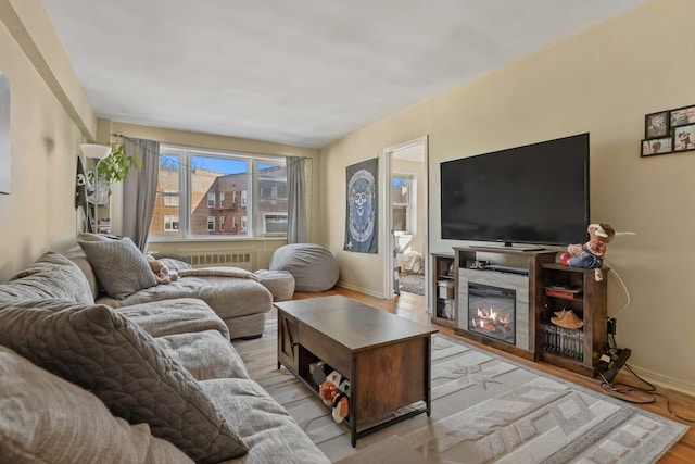 living room with radiator heating unit and light wood-type flooring