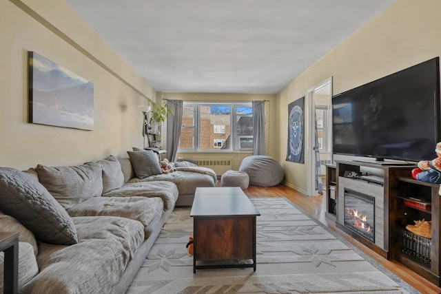 living room featuring radiator heating unit and light hardwood / wood-style flooring