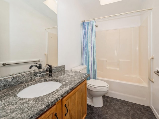 full bathroom featuring vanity, shower / tub combo, tile patterned floors, and toilet