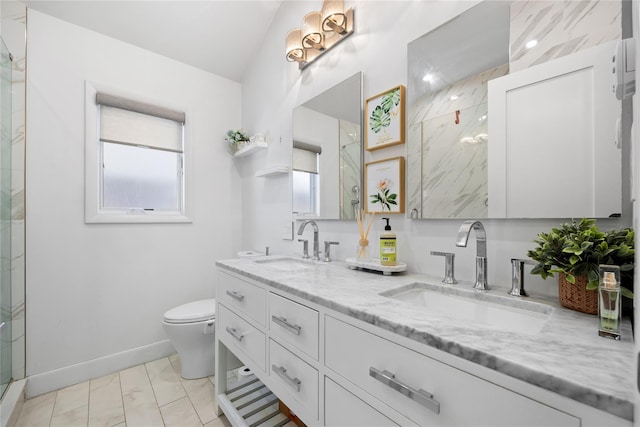 bathroom featuring vanity, toilet, and a shower with shower door