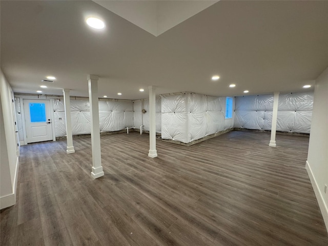 2045 Willow Dr, East Marion, NY 11939 - basement with dark wood-style flooring, recessed lighting, and baseboards