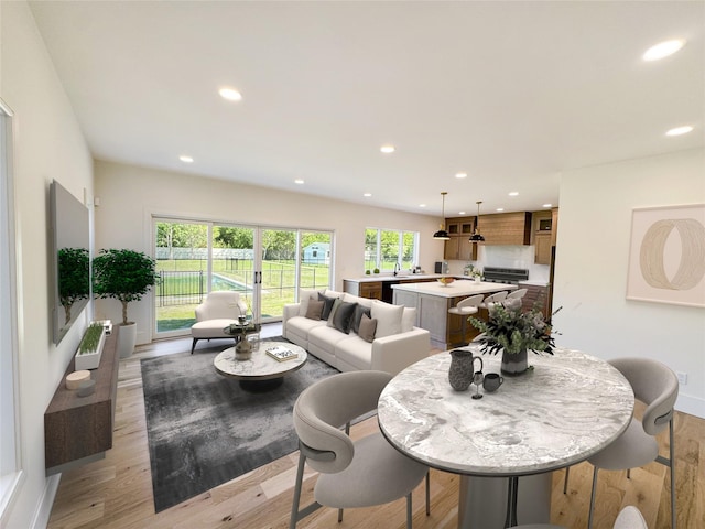 2045 Willow Dr, East Marion, NY 11939 - dining room featuring recessed lighting, light wood-style flooring, and baseboards