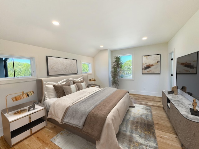 2045 Willow Dr, East Marion, NY 11939 - bedroom featuring light wood-style flooring, recessed lighting, baseboards, and vaulted ceiling